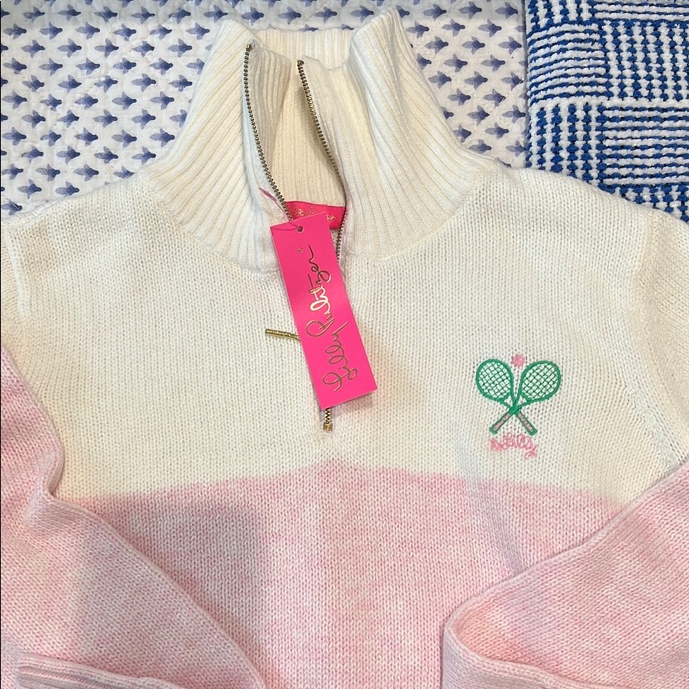 Lilly Pulitzer Pink and White Pickleball Zip Neck Sweater